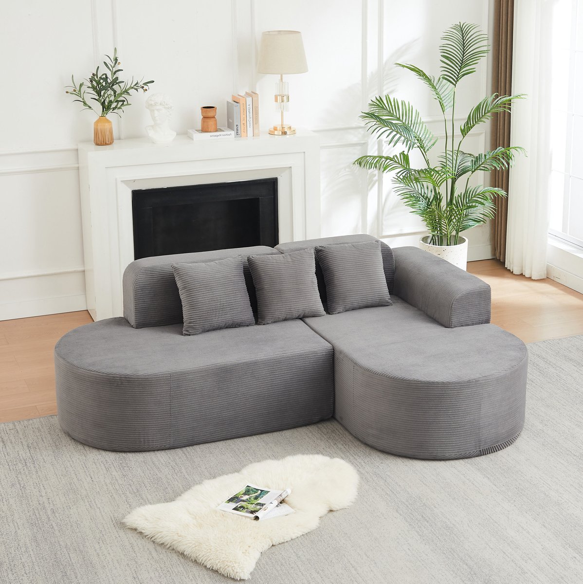 REDOM - L-vormige hoekbank - Modulair ontwerp - Corduroy bekleding - 3 kussens - Afgeronde armleuningen en rugleuning - Moderne stijl - Woonkamer - Grijs - 220 x 155 x 70 cm