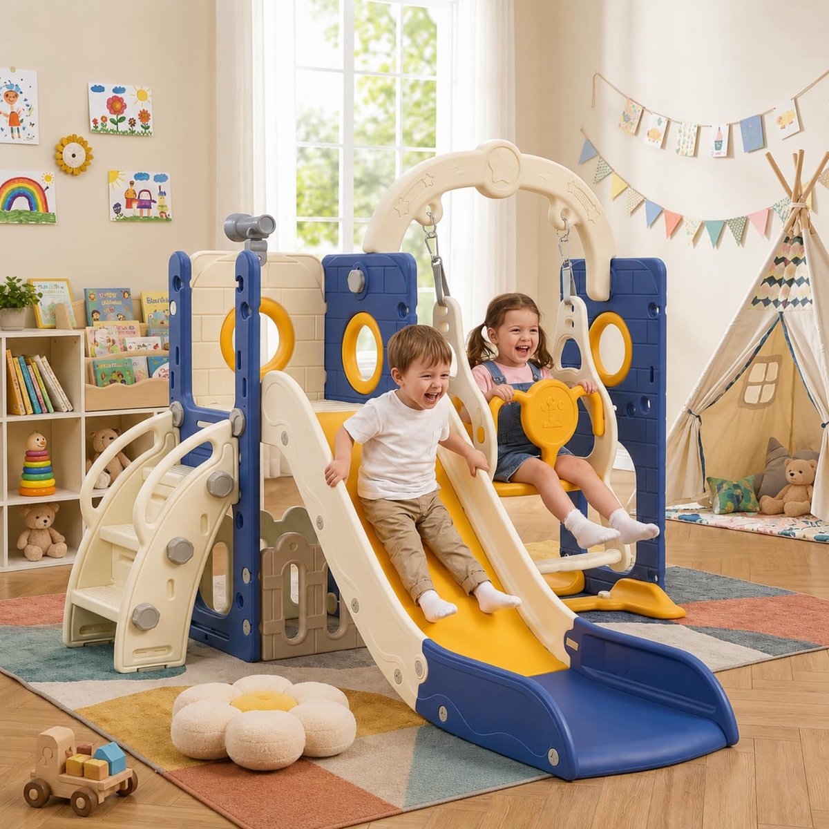 MAMIZO Schommel Glijbaan - 5-in-1 Kinderglijbaan met Schommel, Klimrek, Telescoop - BinnenBuiten - Voor max. 60KG - Van 1-6 Jaar
