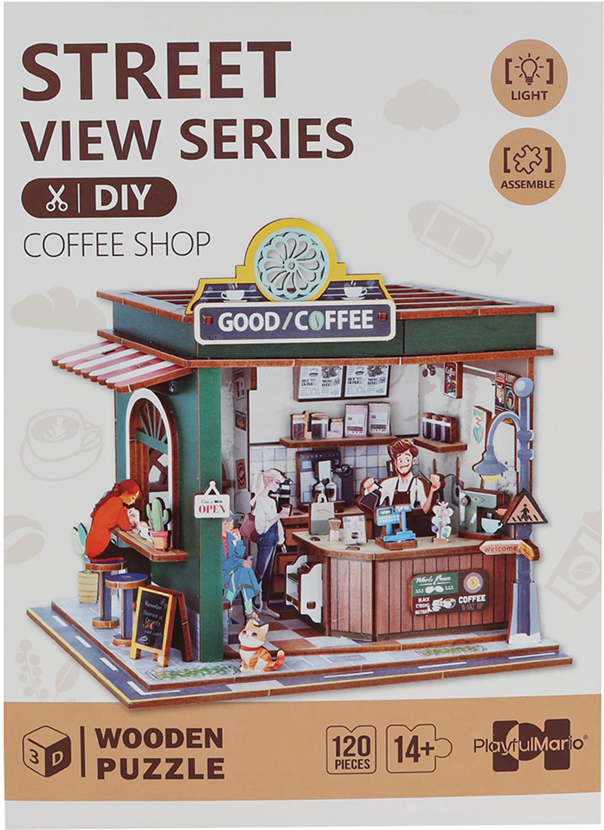 Van Manen houten bouwpakket Coffee Shop met licht - DIY modelbouw.