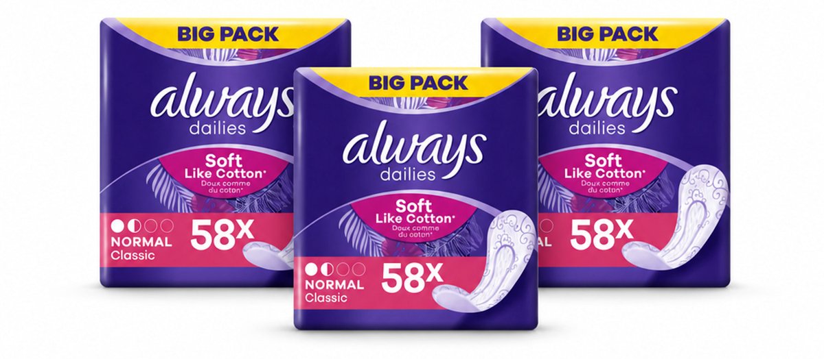 3 x Always - Inlegkruisjes - Normal - Zacht - 58 Inlegkruisjes - Bulkverpakking - 3 stuks