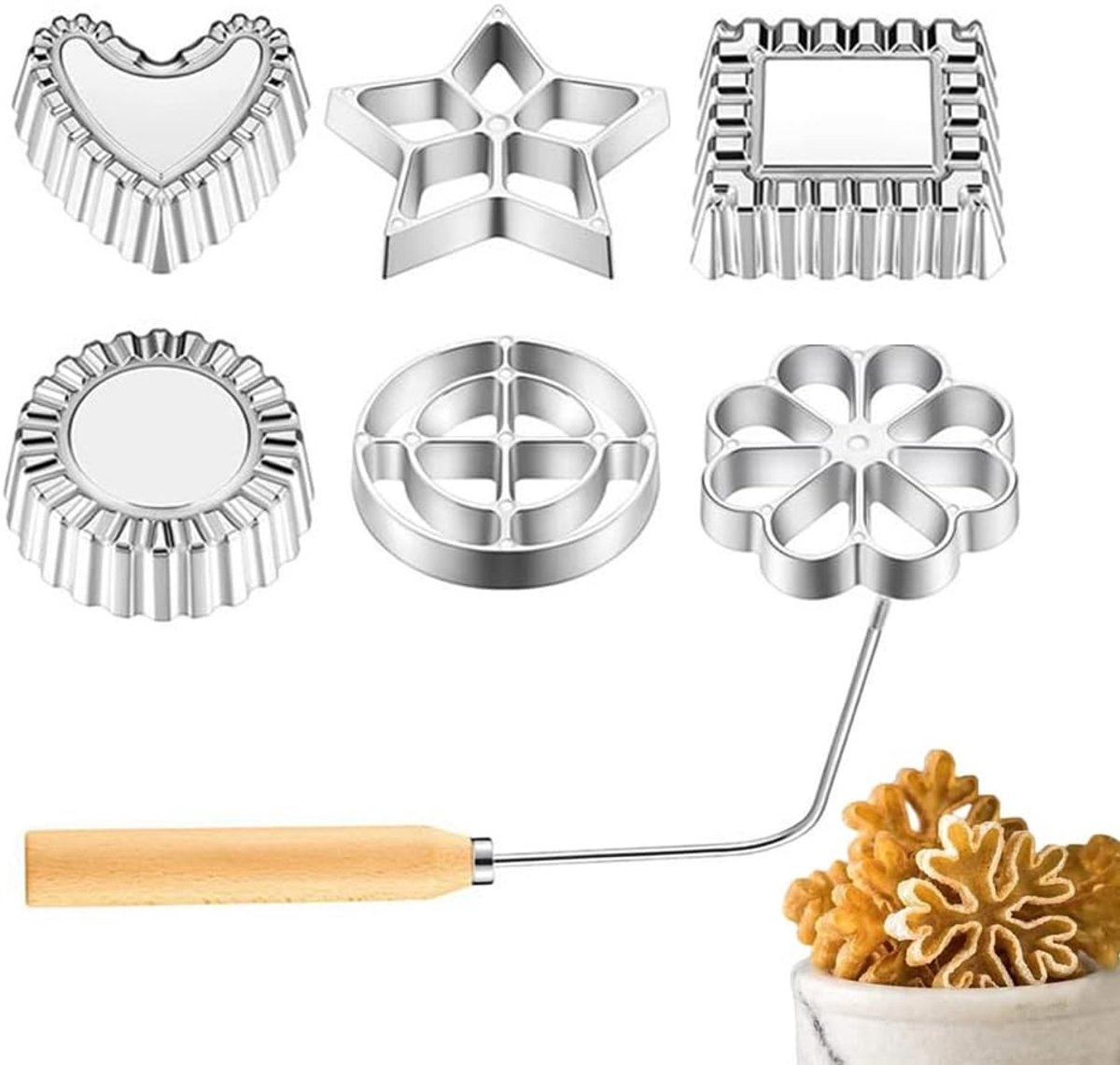Set van 4 Bakvormen voor Acchappam en Bunuelos - Rozen, Ster, Cirkel en Vierkant - Perfect voor Koekjes en Taarten Bakken