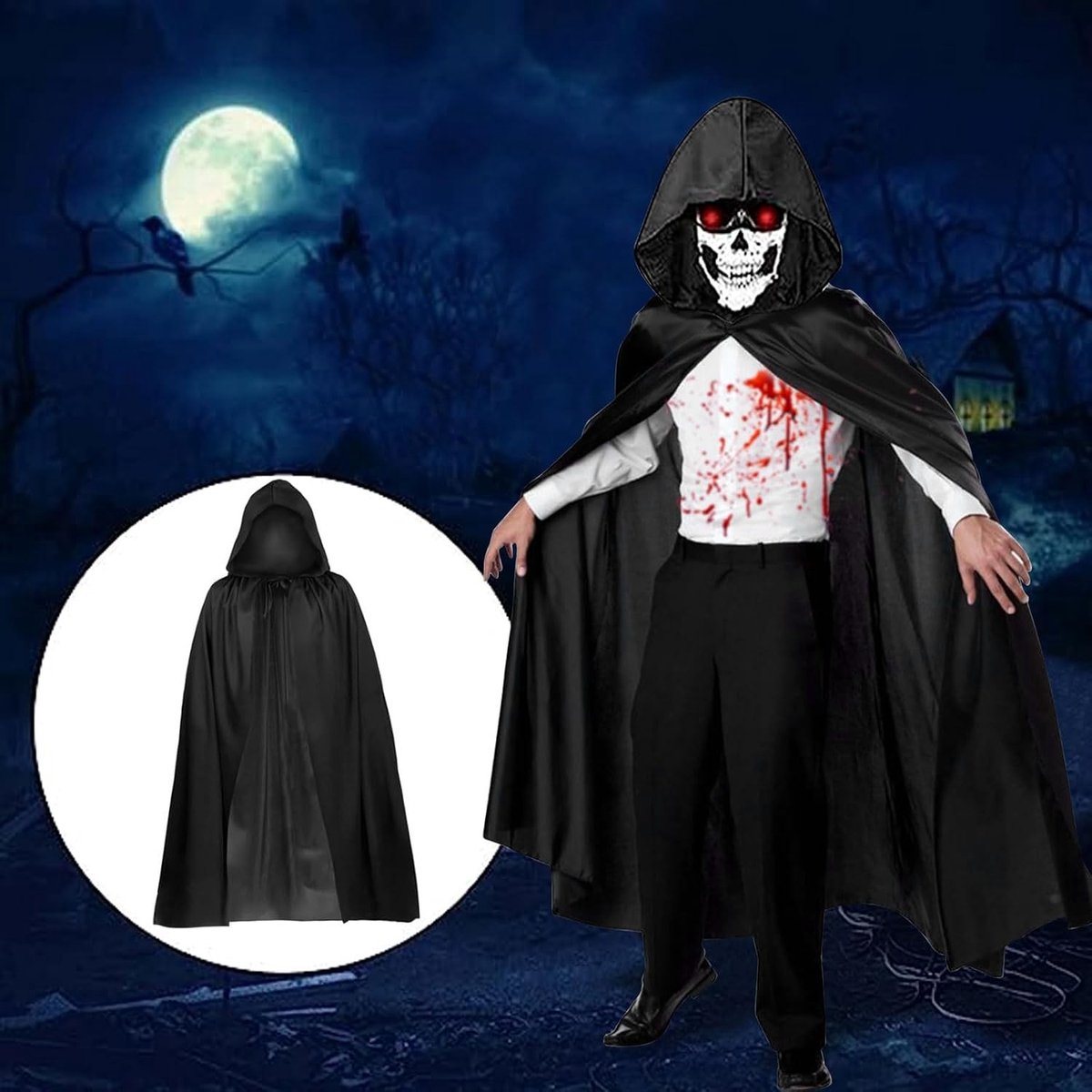 Zwarte Middeleeuwse Vampier Cape voor Kinderen en Volwassenen met Kap en Schrikstickers voor Halloween en Cosplay Feesten