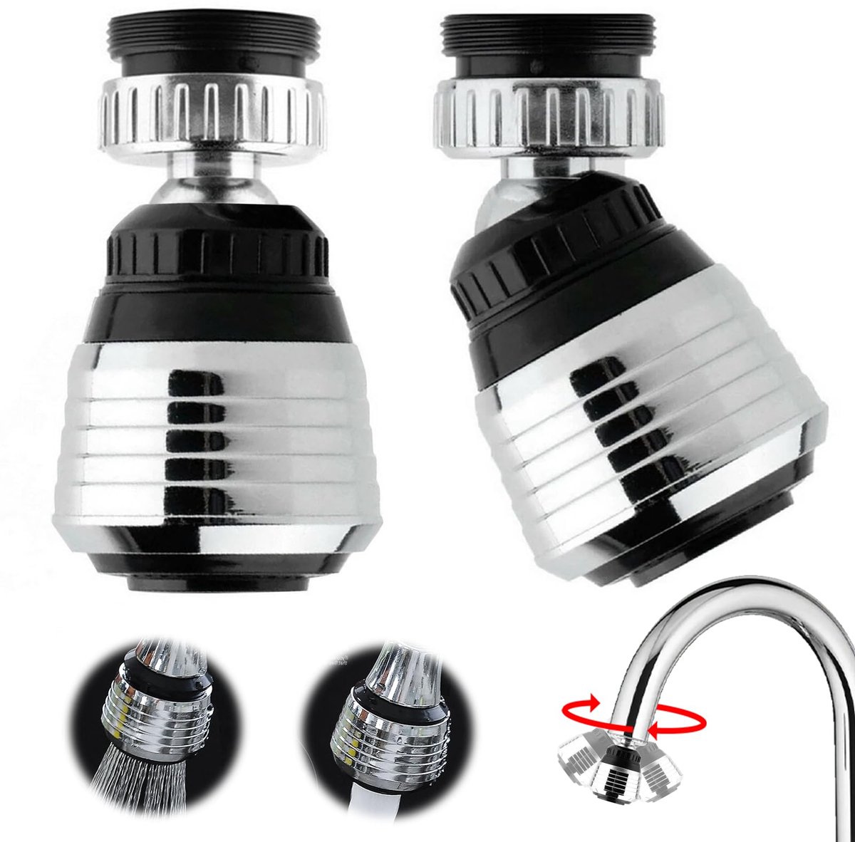 Kraanopzetstuk - 360° Draaibare Straalregelaar met 2 Standen Waterbesparend & Anti-spat Perlator Inclusief Adapter - Voor Keuken Badkamer & Spoelbak - Zilver 2 Stuks