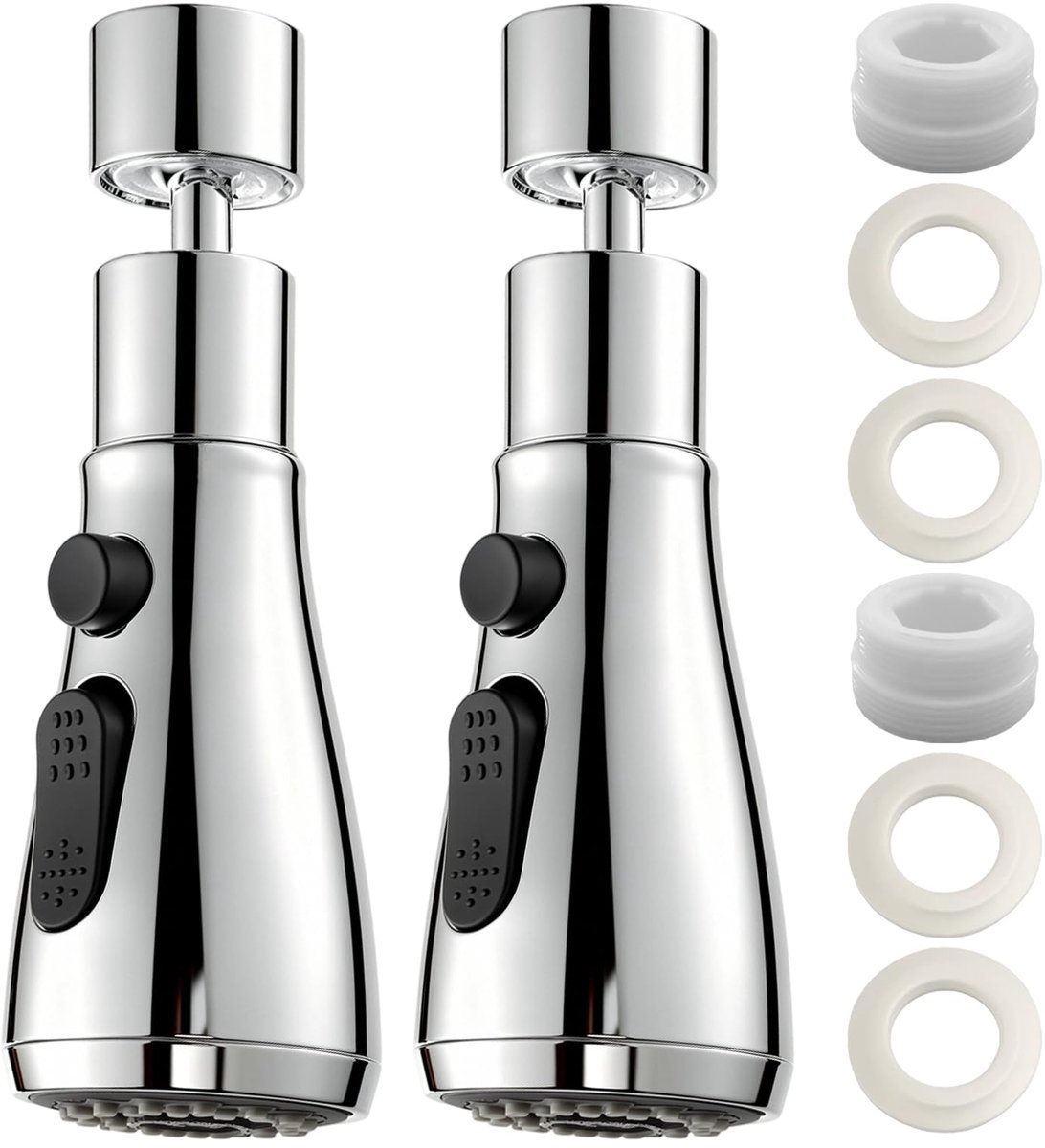 Uittrekbare Kraankop - 360° Draaibaar met 3 Straalsoorten & Waterbesparende Beluchter - Voor Keuken en Badkamer - M22 M24 Adapter