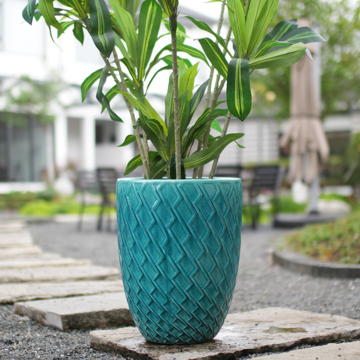 Bloempot – Diameter 42 cm en Hoogte 54 cm – Keramiek – Cyaan – Binnen en Buiten – Afwateringsgaten – Rond