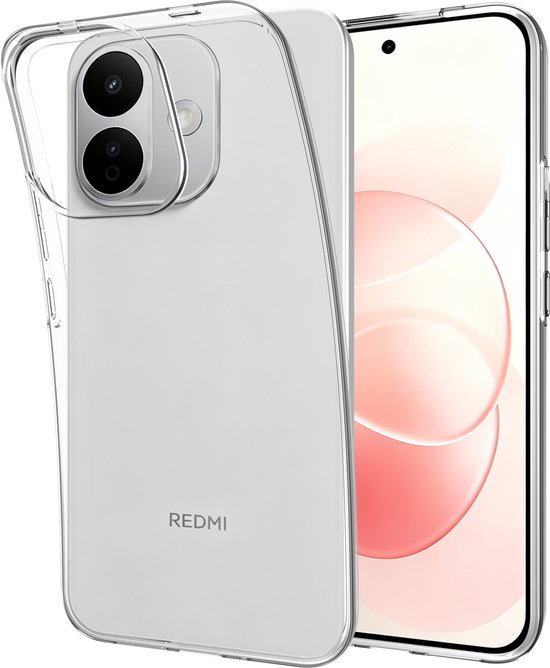 Transparante hoes met de Xiaomi Redmi Note 17 Pro, die de achterkant en zijkanten van het apparaat toont.