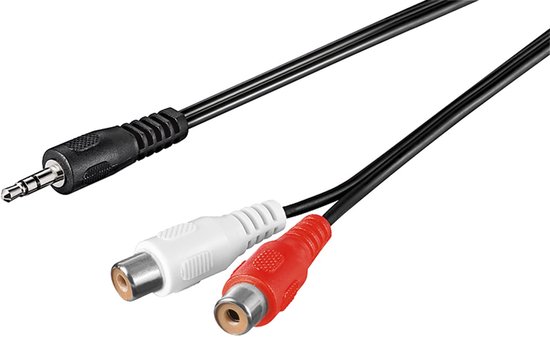 Câble adaptateur jack 3,5 mm vers 2 RCA, noir avec connecteurs RCA blancs et rouges.
