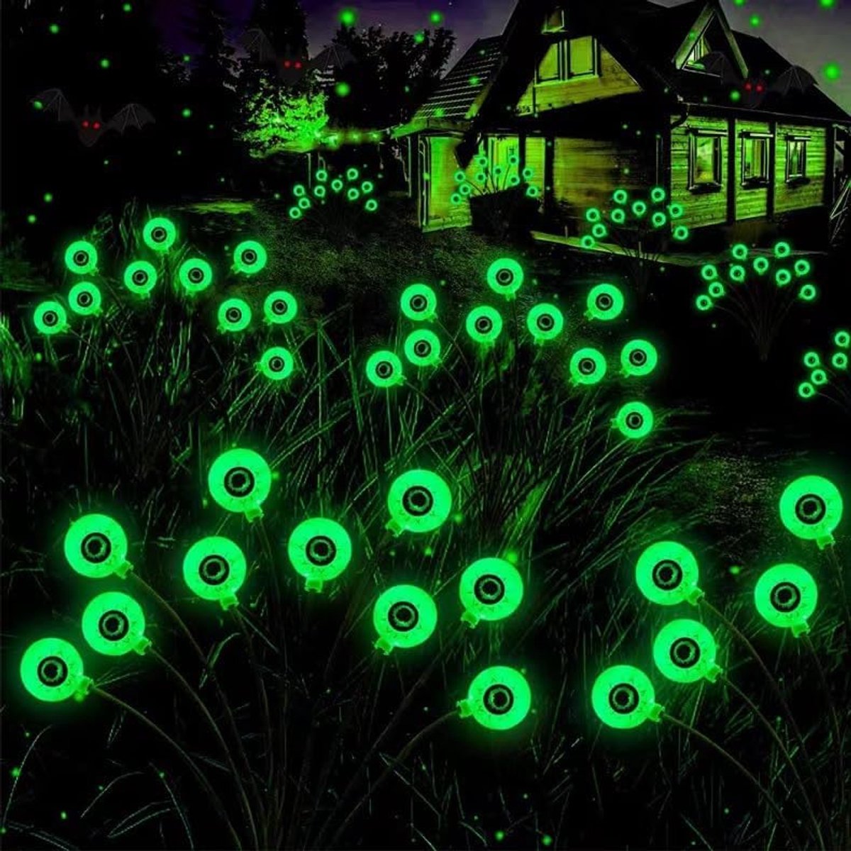 Tuinlamp - Solar Tuinlamp - Halloween Oogbal Ontwerp - 8 Lichtstanden - Waterdichte Buitenverlichting - Geschikt voor Tuin Pad en Feest - Groene Kleur - 4 Stuks - 32 LED's