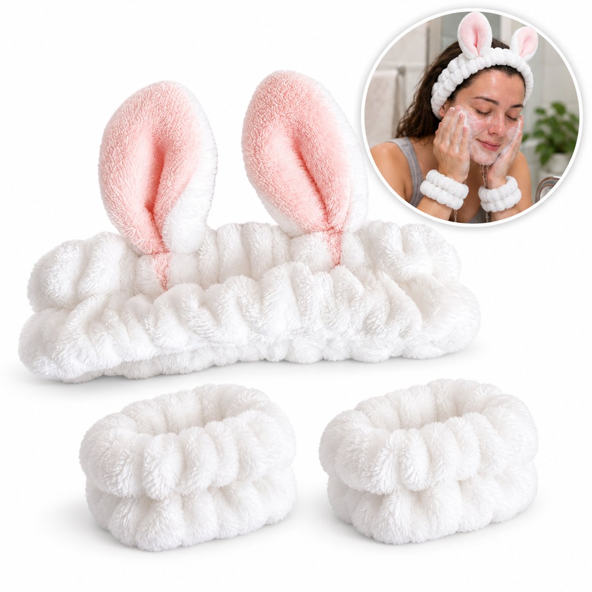 Make-up Haarband en 2 Absorberende Polsbandjes - Bunny – Skincare Set voor Gezichtsreiniging – Cosplay - Carnaval Verkleedaccessoire