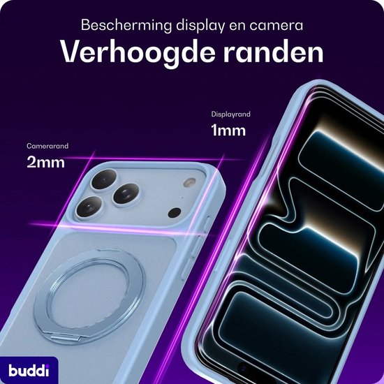 Detail van een lichtblauwe telefoonhoes die de display- en camerarand 2mm en 1mm beschermt.