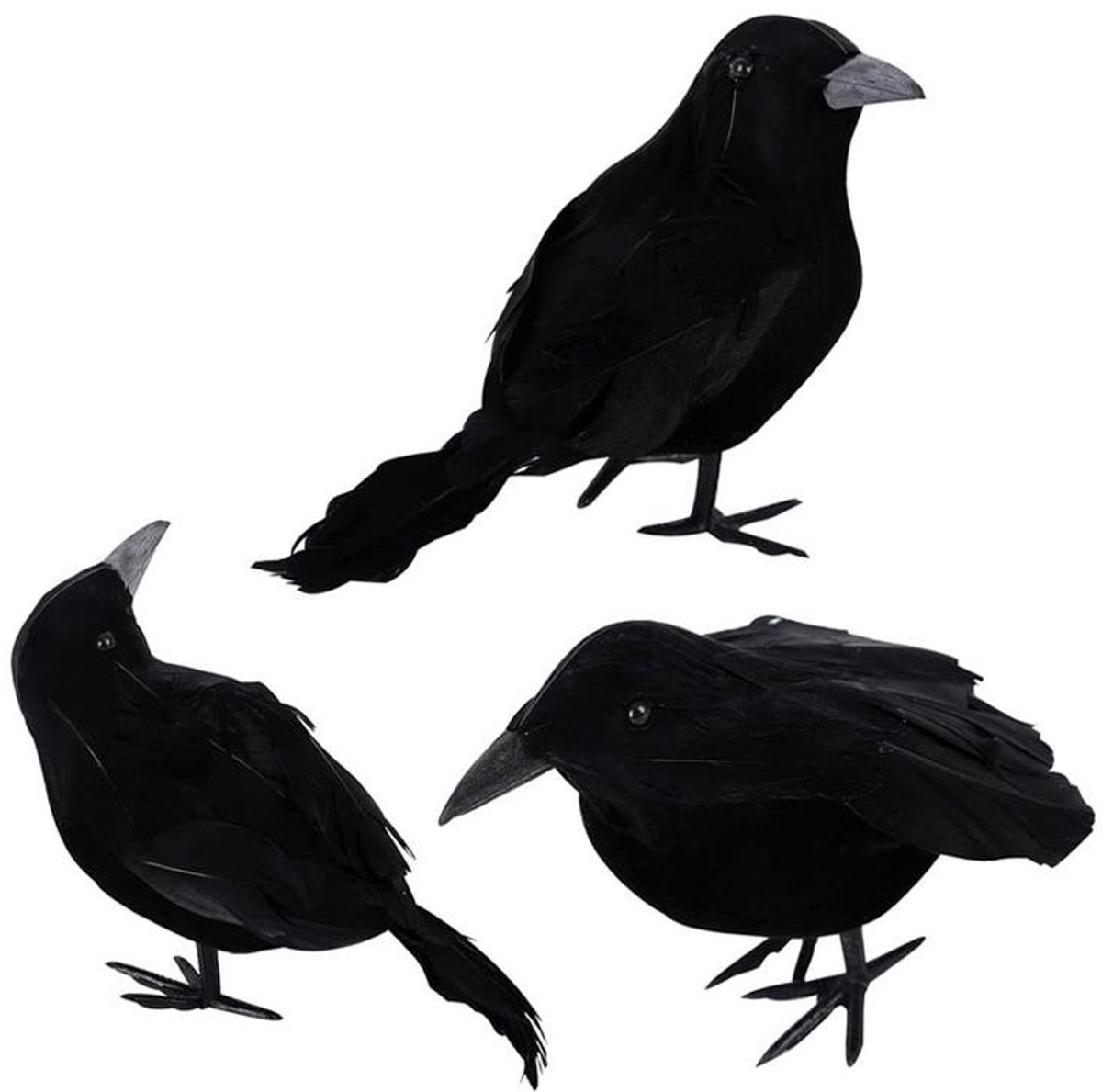 KZQ 3-delige Halloween kraai - Realistische kraai met veren - Levensechte raaf vogelornamenten - Dierenbeeldjes - Halloween decoratie - Geschikt als Halloween feestaccessoire, voor binnen en buiten, huis en tuin