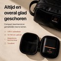 Open zwart reisetui met daarin het Viking Mini scheerapparaat. Buiten het etui de scheerkop en een reistas. 'Altijd en overal glad geschoren.'