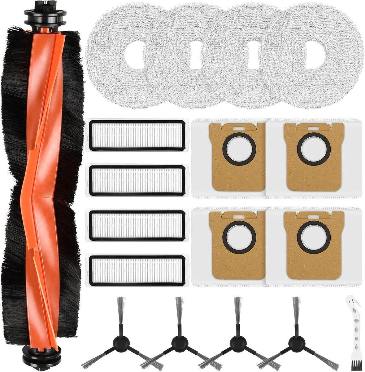 SnelShoppen - 18-delige Accessoireset voor Robotstofzuiger, Inclusief 1 Hoofdkwast, 4 Reinigingsdoeken, 4 Stofzakken, 4 Filters, 4 Zijborstels, 1 Rein