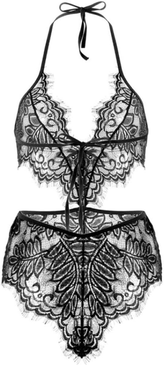 Sets met nachtmode & ochtendjas Erotische Lingerie Een Stuk Porno Diepe V Perspectief Vrouwen Kostuums Kanten Sex Beha Ondergoed Sexy Lingerie Dames-Black_XXL