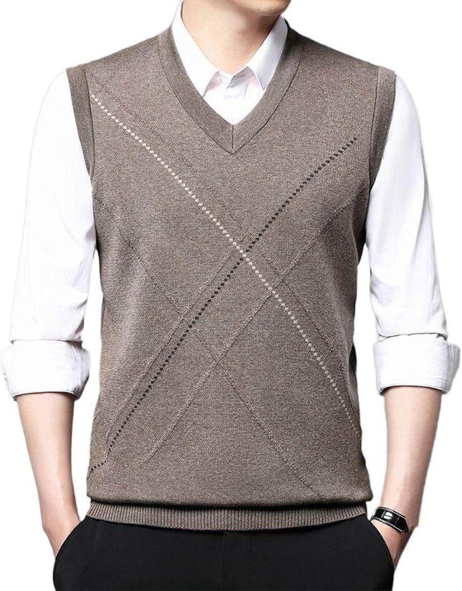 Casual Geruite Print V-Hals Gebreid Vest, Klassiek Mouwloos Vest Kleurcontrast Heren Kasjmier Trui Vest Herenkleding, Business Gentleman Knitwear Gebreid Vest Sweater Tank Tops, Kaki,