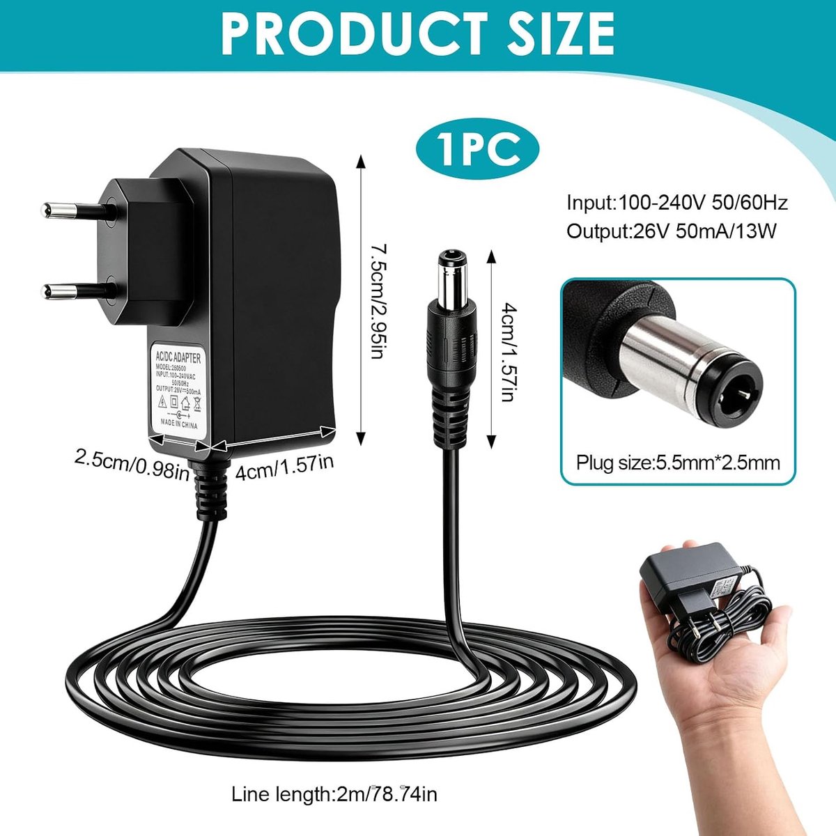 Oplader voor stofzuiger, 26 V, 500 mA, universeel, voor Hoo-ver H- 100