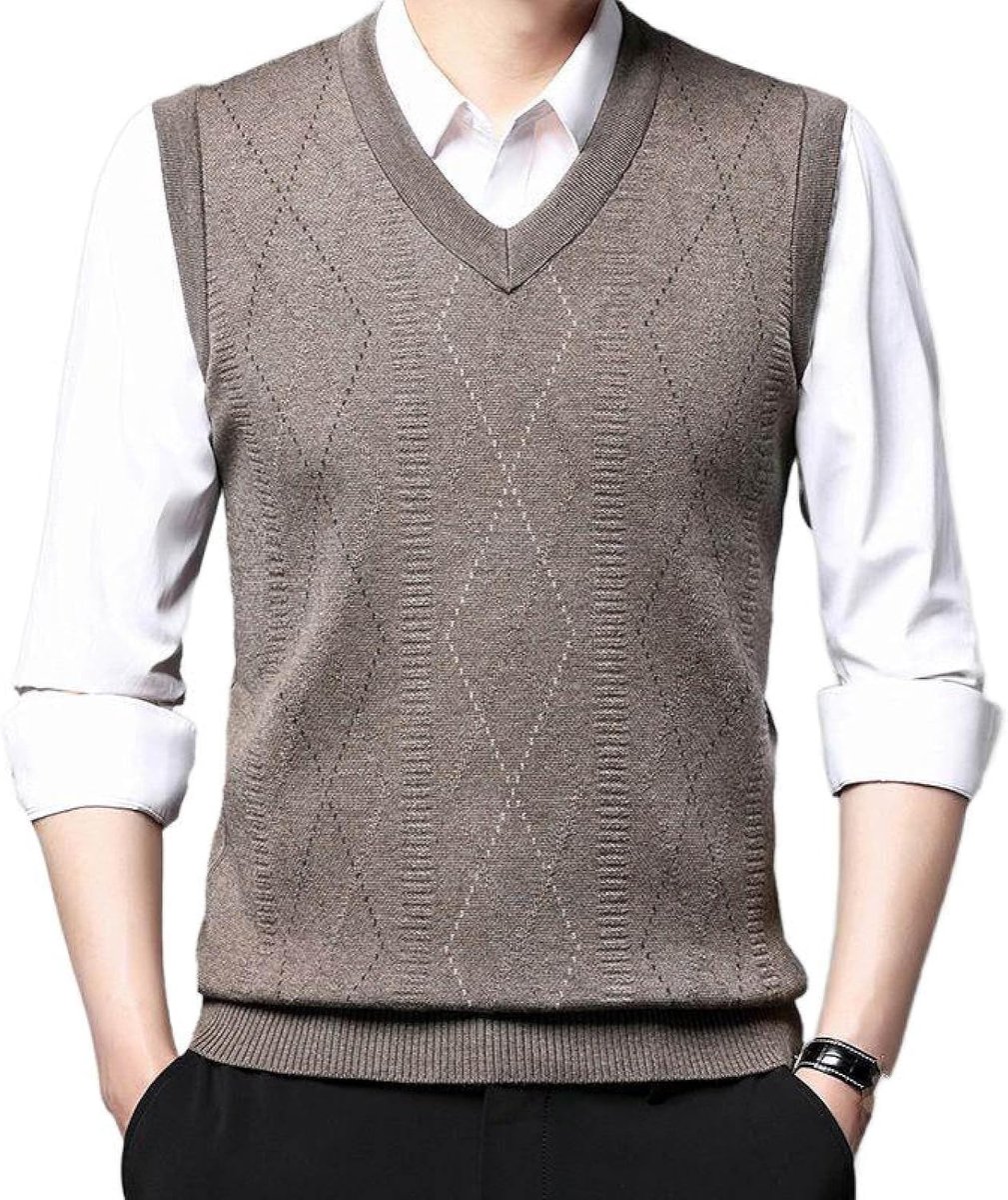 Kasjmier Gemengd Argyle V-Hals Gebreid Vest, Herfst En Winter Klassiek Kleurcontrast Casual All-Match Mouwloos Vest Pullover Herenkleding, Gentleman Knitwear Sweater Tank Tops, Kaki, S