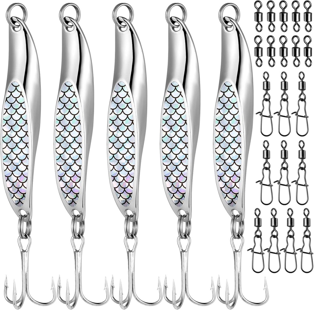 Set Van 5 Stuks Visaas, Metalen Knipperlicht, Visaas-Set Met 20 Hengelwarels, Karabijnhaken, Forelknipperlichten, Vissen Met Drievoudige Haken, Spinnerbait Voor Zout Water, Zoetwaterforel