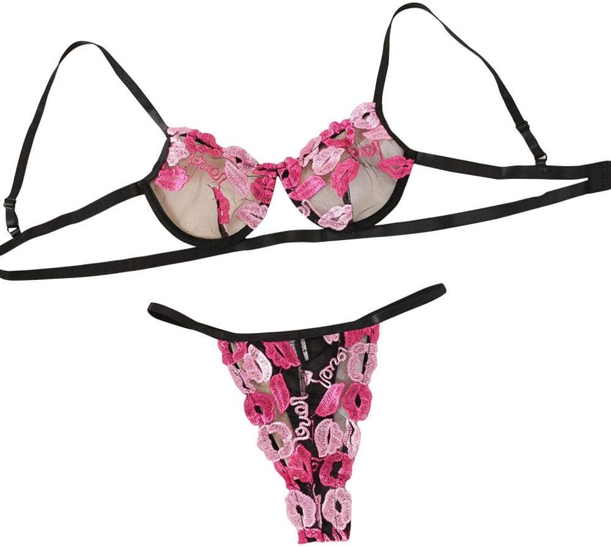 Dameskostuums Dames Sexy Temptation Ondergoed Erotische Lingerie Doorzichtige Kanten Beha String Nachtkleding Porno Embroidery-Pink_L