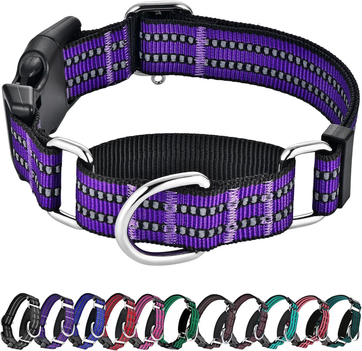 Martingale Hondenhalsband, reflecterende nylon halsband met snelsluiting, verstelbare training, antislip halsband (Medium, paars)