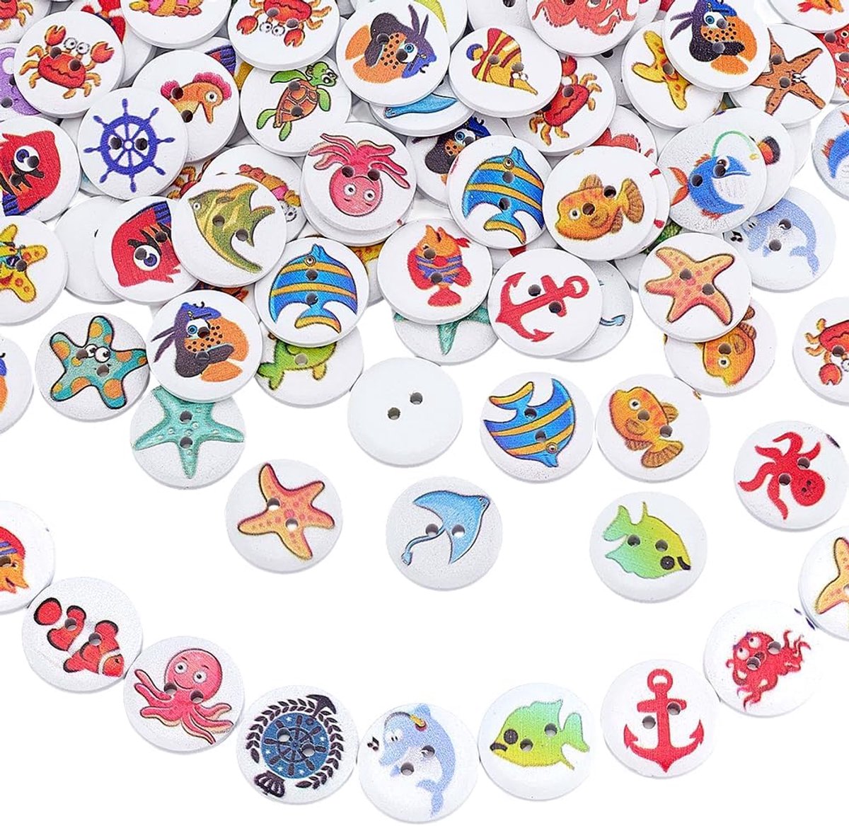 100 Houten Knop Oceaan Serie 2 Gaten Ronde en Platte 20mm Zee Sterren Vliegende Vis Naaien