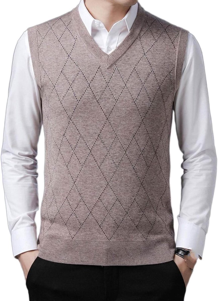 Jeugd Heren Argyle V-Hals Vest, Klassiek Slank Mouwloos Truitje Effen Kleur Gebreid Vest, Casual Business Gentleman Knitwear Vest Sweater Tank Tops,Camel,S