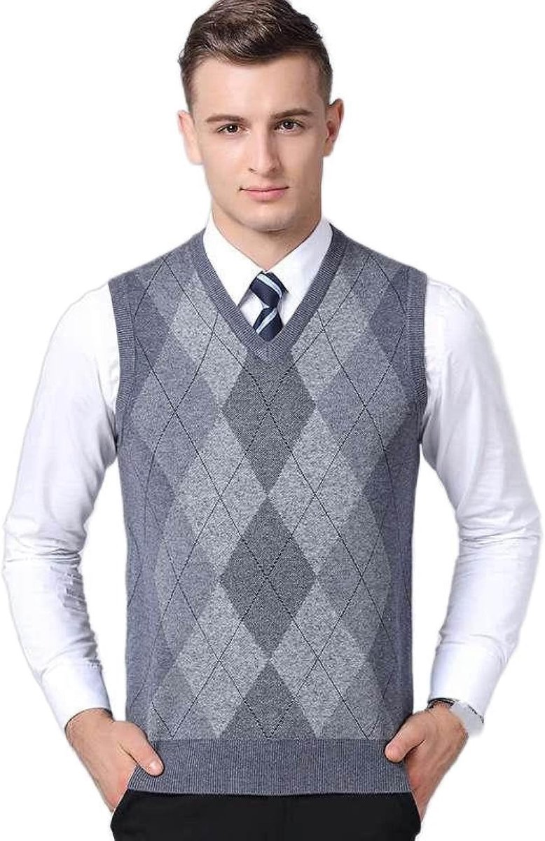 Argyle V-Hals Mouwloze Trui Trui, Herfst En Winter Heren Gebreid Trui Vest, Middelbare Leeftijd Kleur Bijpassende Verdikte Casual Heren Gebreide Trui Tanktops, Lichtgrijs, S