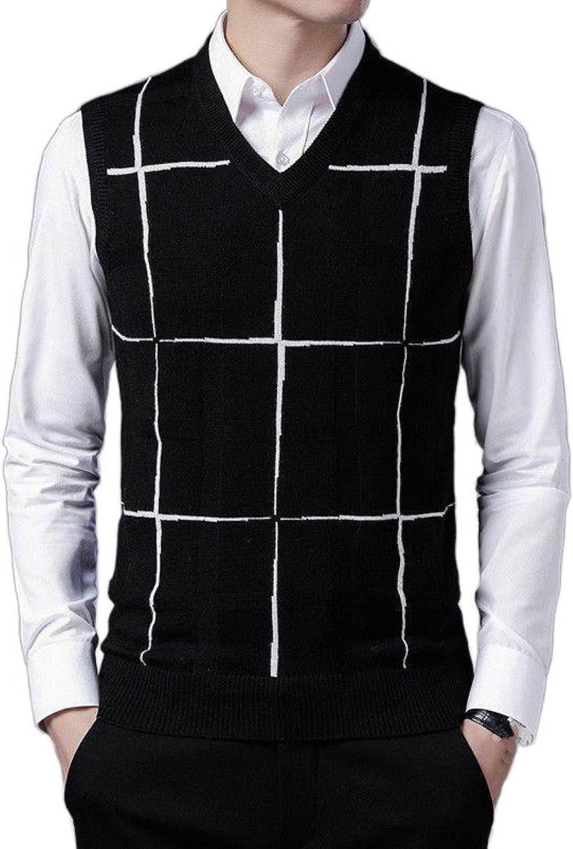 Kasjmier Mouwloos Vest Met V-Hals, Klassiek Contrasterend Geruit Pullover Vest Casual All-Match Gebreid Vest, Zakelijk Heren Gebreide Vest Trui Tanktops, Zwart, S