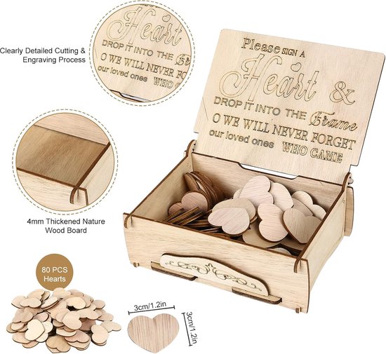 Gastenboek voor bruiloft, met fotolijst, 100 houten hartjes om te beschrijven, gastenboek bruiloft, houten set voor bruiloften, verjaardagen en babyshower — afbeelding 4