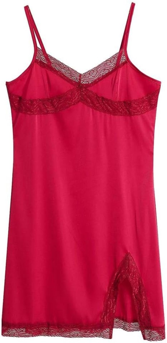 Sets met nachtmode & ochtendjas Vrouwen Diepe V-hals Nachtjapon Kanten Ondergoed Sexy Lingerie-Rojo_XL