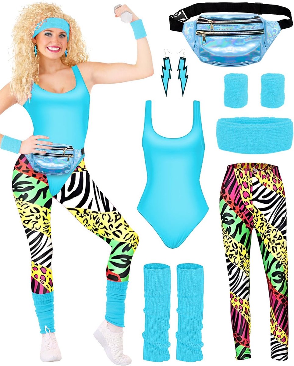 Kostuum jaren 80 sportkostuum dames turnpakje leggings hoofdband armbanden beenwarmers oorbellen Fanny Pack jaren 80 turnpak voor de jaren 80 en 90