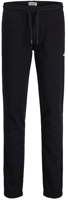 Zwarte joggingbroek met trekkoord en klein wit logo op de linkerheup.