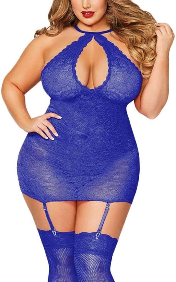 Dameskleding Dames Sexy Lingerie Halter Plus Size Kanten Kousenband Verleiding Erotische Porno Ondergoed Dames Set-Blue_XL