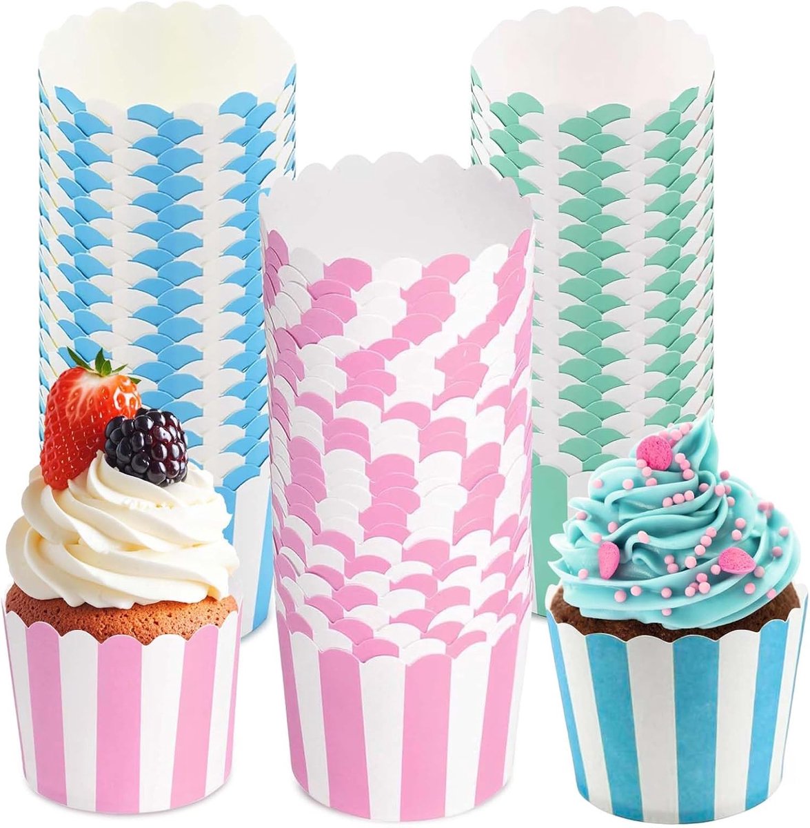 Wrapper, 150 stuks muffinvormpjes, papier, mini muffinvormpjes, papieren vormpjes, cupcakevormpjes, muffins, papieren vormpjes, voor verjaardagen, bruiloften en feesten (roze, blauw, groen)