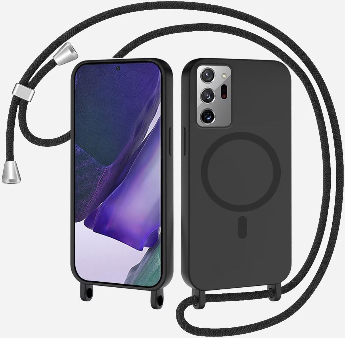 Xinyunew Magnetische beschermhoes voor Samsung Galaxy Note 20 Ultra met koord, compatibel met MagSafe halsketting, vloeibare siliconen met nekband, koord van zacht touw, TPU, schokbestendig, zwart