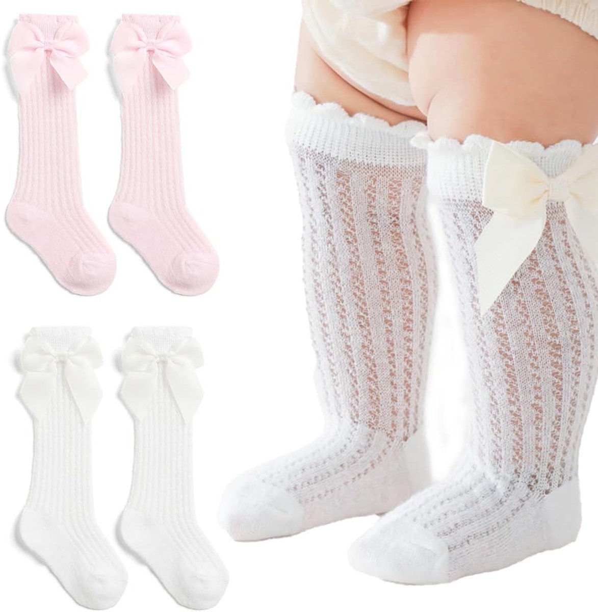 2 paar baby meisjes kniekousen, over-de-knie kousen voor kinderen, zachte, huidvriendelijke, rekbare sokken met strikken voor peuters en pasgeborenen