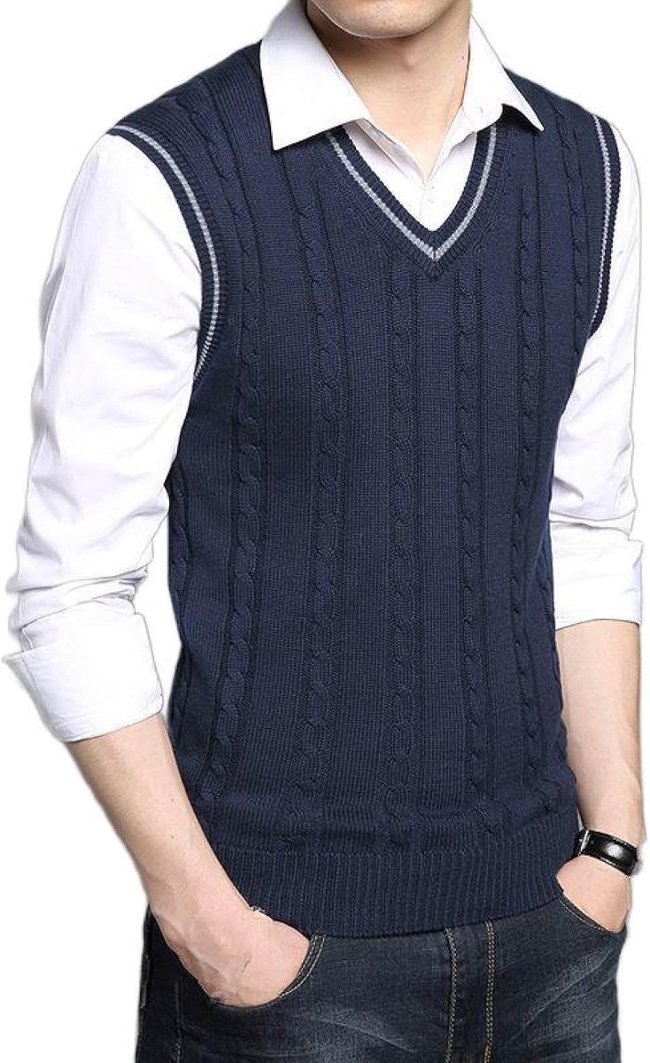 Jeugd Heren Vest Met V-Hals, Klassiek Slank Mouwloos Truitje Effen Jacquard Gebreid Vest, Casual Zakelijk Heren Gebreide Vest Trui Tanktops, Marineblauw, Xs