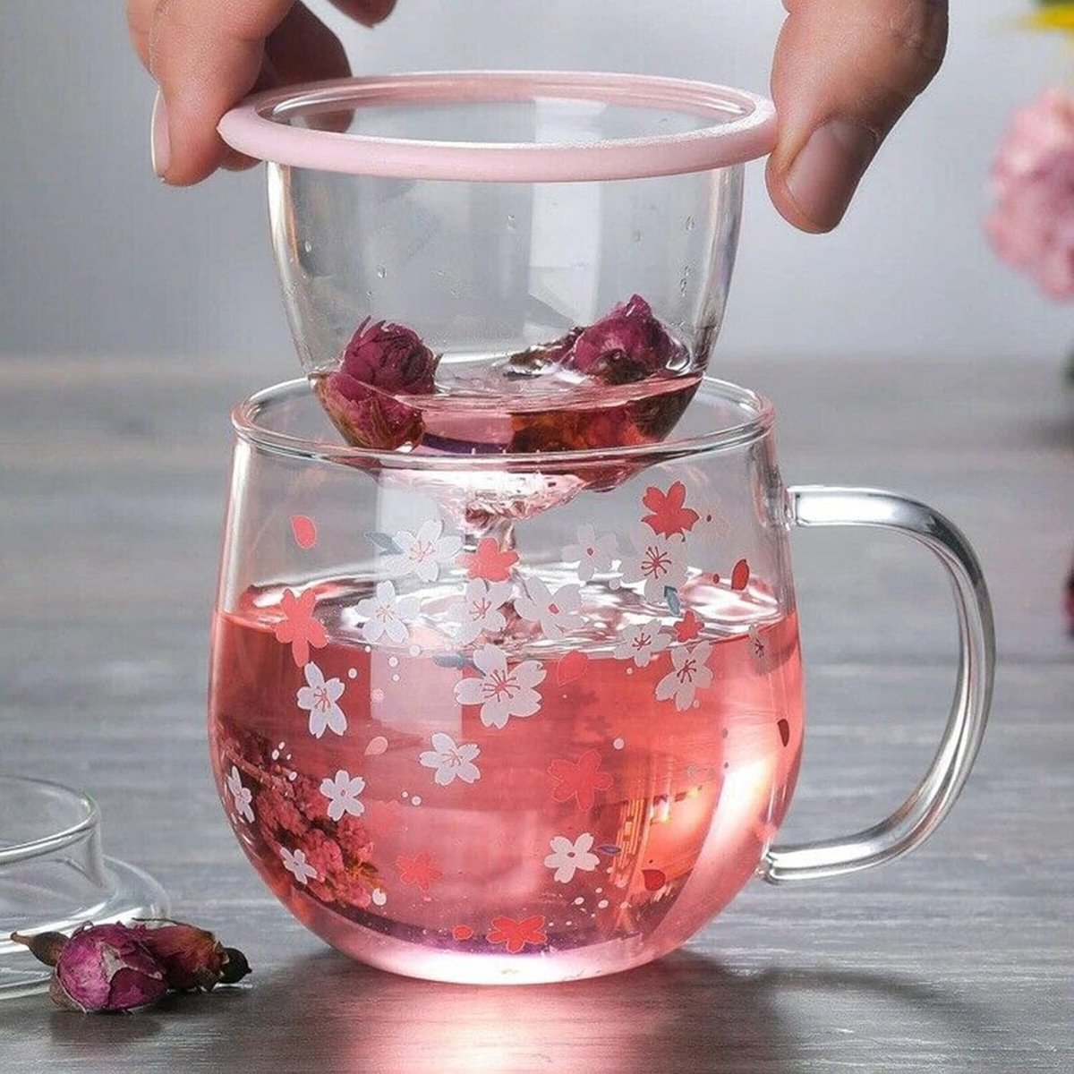 Glazen met -infusor, filter en deksel, bloemken, bloemen, kopjes, 300 ml, glazen te drinken
