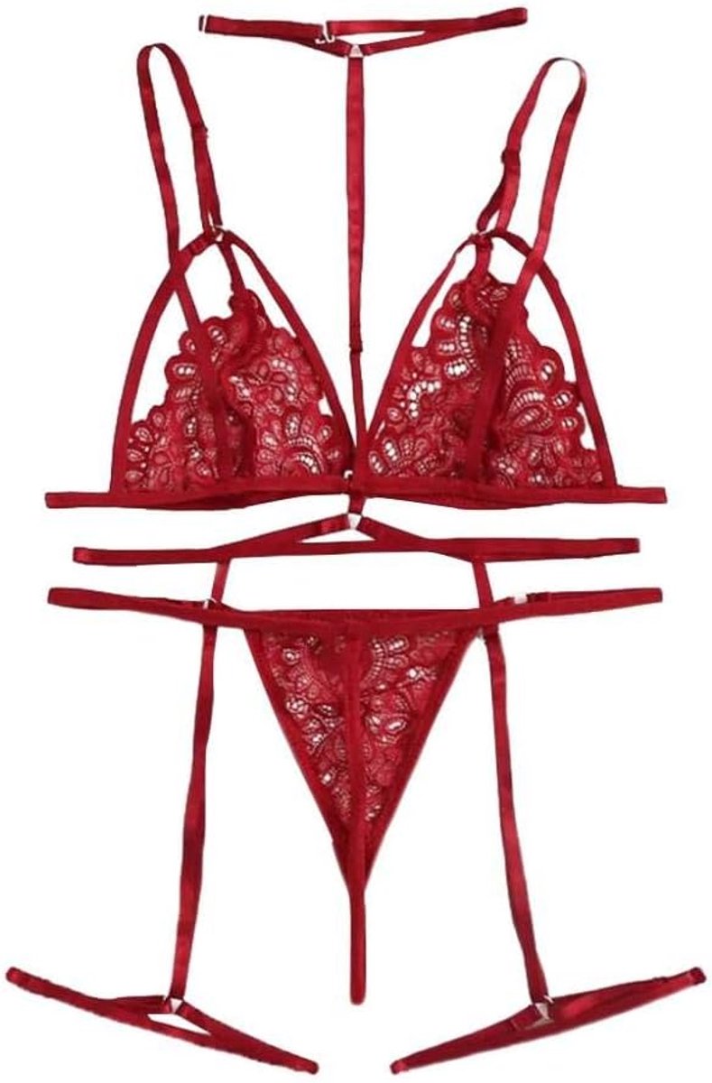 Kimono voor dames kanten robe transparant nachtkleding ochtendjas badjas lingeriesetVrouwen Bralettes Sexy Bh Set Sexy Kanten Lingerie Doorzichtige Draadloze Bh Set G-String Kousenband Ondergoed-Red_M
