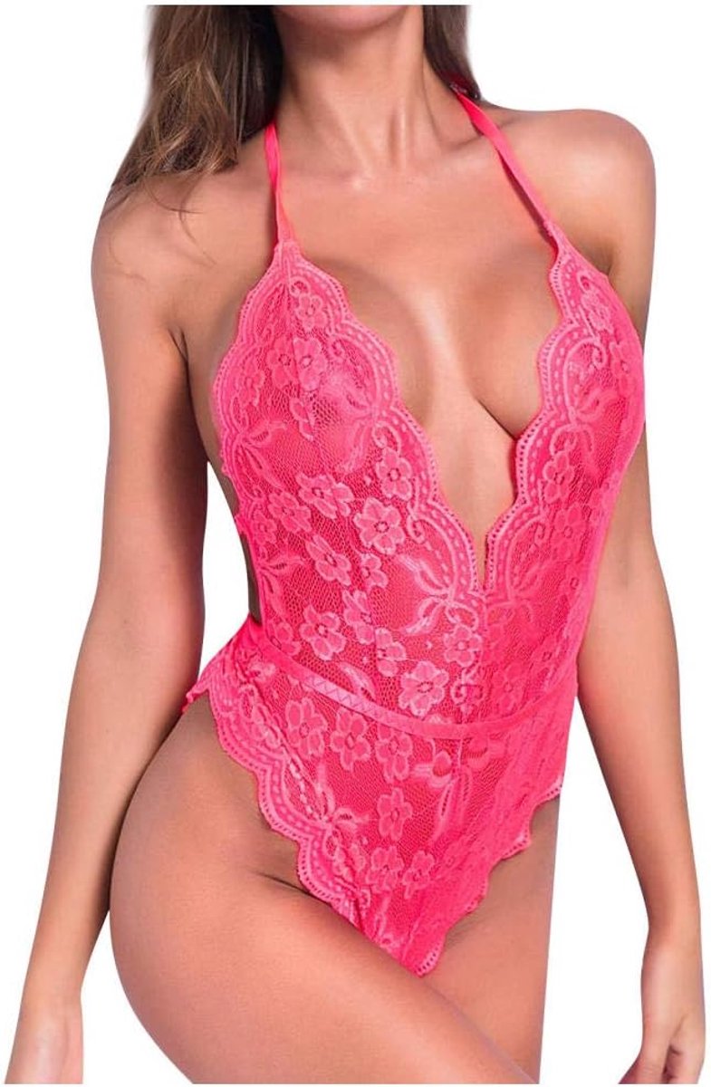 Dameskleding Sexy Lingerie Dames Diepe V Backless Ondergoed Kostuums Uitgesneden Kant Nachtkleding-Pink_XL