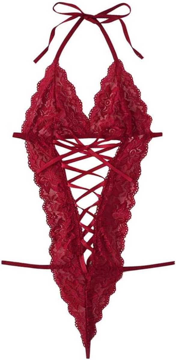 Bodystockings dames Porno Vrouwen Erotische Lingerie Deep V Halter Temptation Ondergoed Bandage Beha Erotische Porno Ladies-Red_XXL
