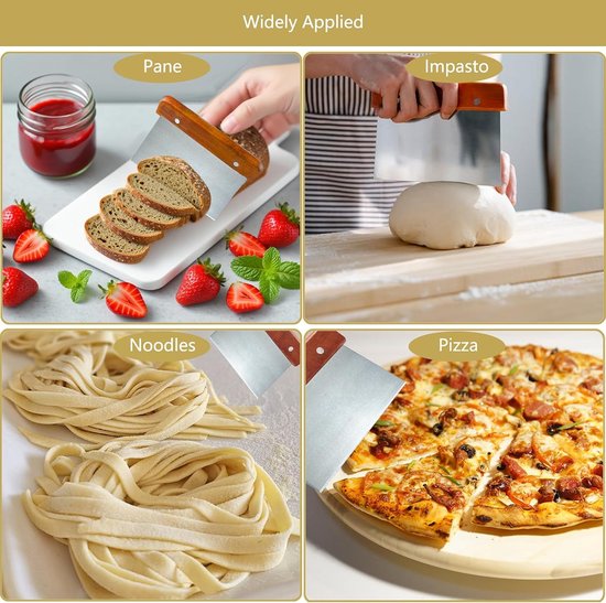 2 stuks deegkaart, deegschraper, deegsnijder, roestvrij staal, keukenspatel, groot met houten handvat en roestvrijstalen lemmet, koekschraper, bankschraper voor deegh, pizza, cake, taart — afbeelding 5
