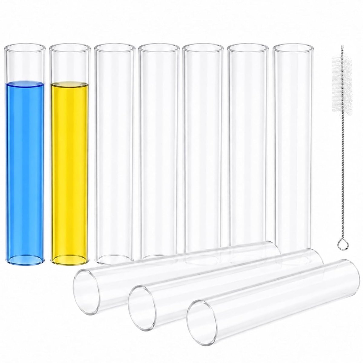 Borosilicaatglas, met platte bodem, 20 x 100 mm, met reinigingsborstel, hogere temperatuurstabiliteit, chemische inerte en observatienauwkeurigheid, 10 stuks