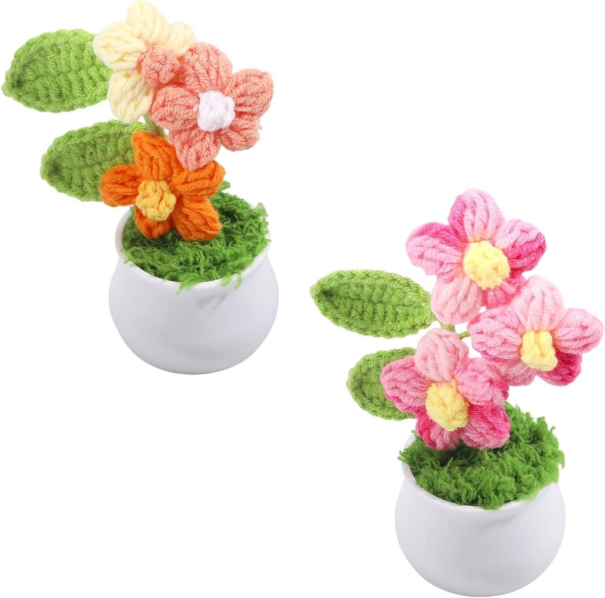 2 stuks breien gehaakte bladerdeeg bloemen kleurrijke gehaakte bloemen potplanten handgemaakte bloemen voor - ShopVlot