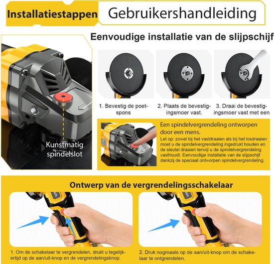 Illustratie van de eenvoudige installatie van de slijpschijf en de bediening van de vergrendelingsschakelaar van de gele haakse slijper.