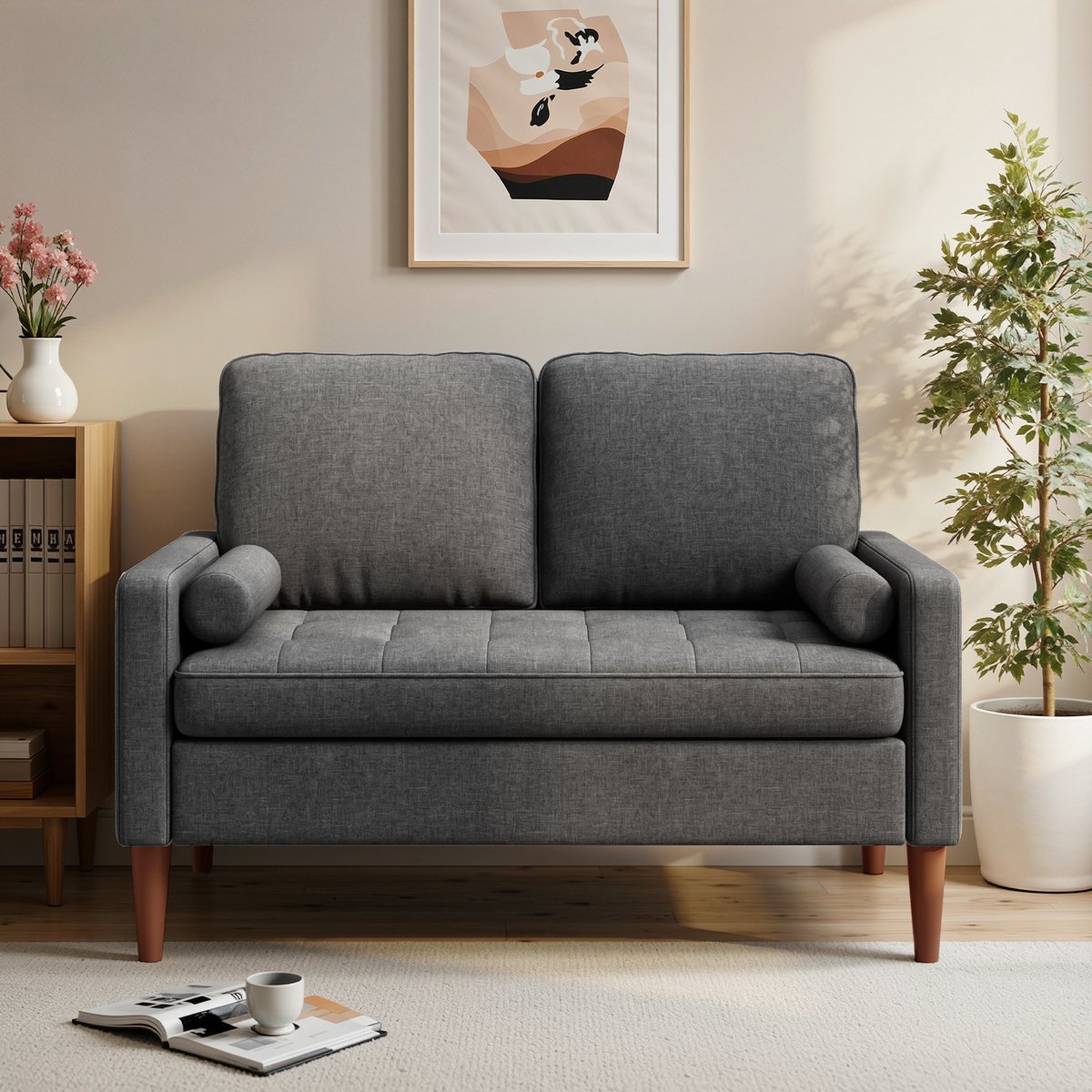 Bealife AR38 Comfortabele 2-Zitsbank - Met ademende linnen stof en hoogveerkrachtig schuim - Geschikt voor woonkamer en slaapkamer - Donkergrijs