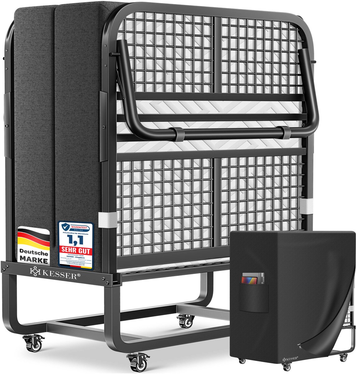 KESSER® Opklapbed 200 x 90 cm - Logeerbed met traagschuimmatras - Tot 250 kg - Antraciet/Wit Deluxe Plus