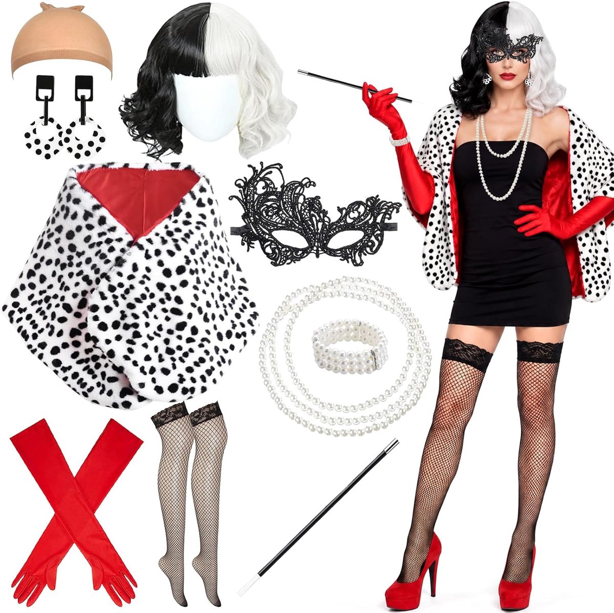 Kostuum dames, 10 stuks Cruella Deville kostuum, pruik zwart wit