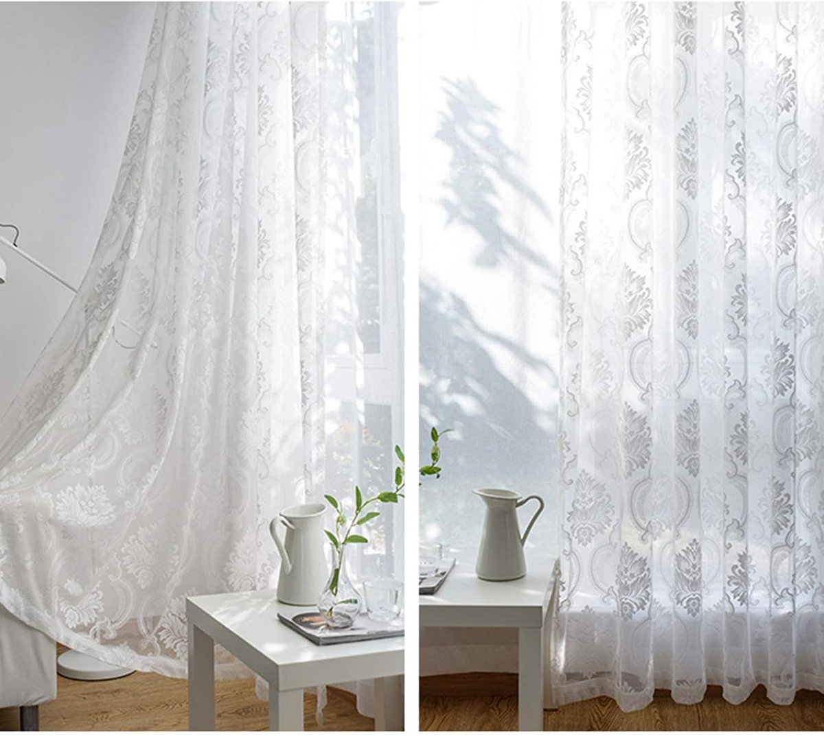 Bloemen Tule Gordijn, Kant Delicate Geborduurde Sheer Gordijnen, Pastorale Zeilgordijnen Panelen Voor Woonkamer, Haken Top-Wit. 300x270cm (118x106inch)