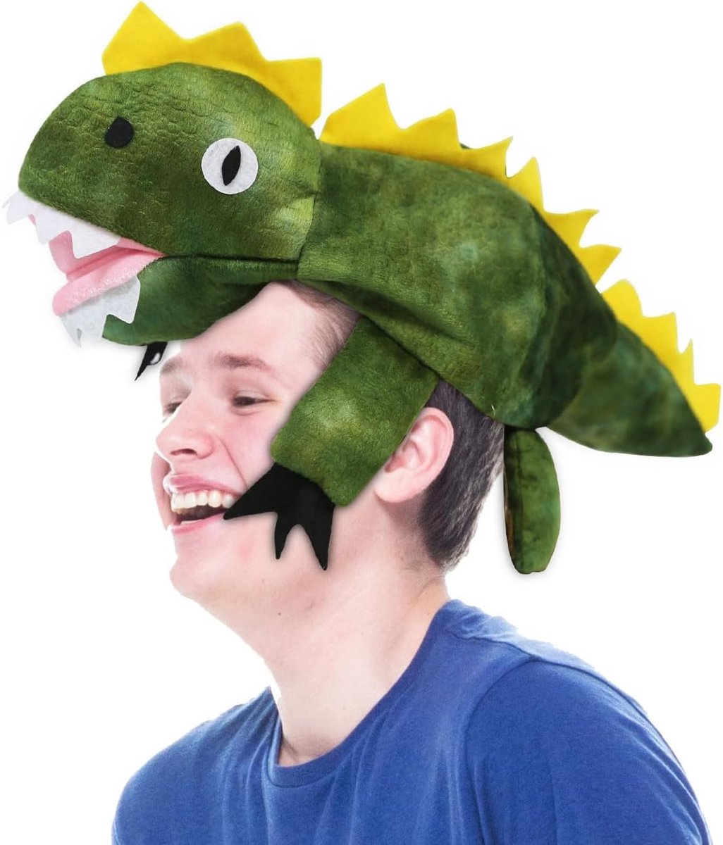 Handgemaakte dinosaurus feestkostuumhoed. Volwassen maat kostuumaccessoire
